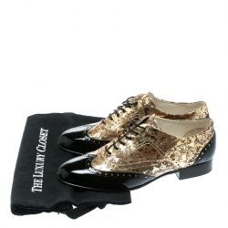 Chanel Metallic Gold And Black Patent Brogue Leather Lace-Up Oxford Size 39.5