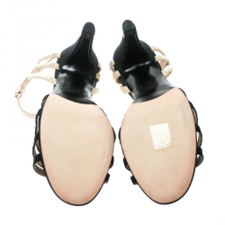 Pre Owned Chanel Black Canvas/Beige Leather Pearl Embellished Ankle Strap Sandals Size 42