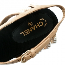 Pre Owned Chanel Black Canvas/Beige Leather Pearl Embellished Ankle Strap Sandals Size 42