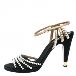 Pre Owned Chanel Black Canvas/Beige Leather Pearl Embellished Ankle Strap Sandals Size 42