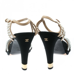 Pre Owned Chanel Black Canvas/Beige Leather Pearl Embellished Ankle Strap Sandals Size 42