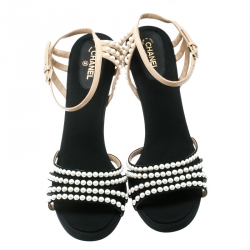 Pre Owned Chanel Black Canvas/Beige Leather Pearl Embellished Ankle Strap Sandals Size 42
