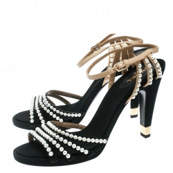 Pre Owned Chanel Black Canvas/Beige Leather Pearl Embellished Ankle Strap Sandals Size 42