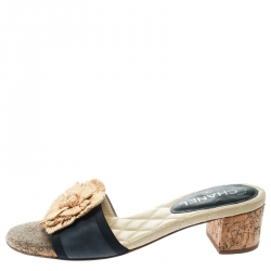 Chanel Black Leather Cork Heel Camellia Slides Size 39