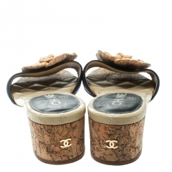 Chanel Black Leather Cork Heel Camellia Slides Size 39