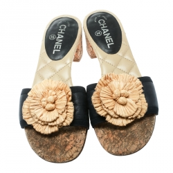 Chanel Black Leather Cork Heel Camellia Slides Size 39