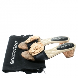 Chanel Black Leather Cork Heel Camellia Slides Size 39