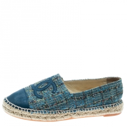 Pre Owned Chanel Blue Tweed With CC Leather Cap Toe Espadrilles Size 38