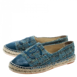 Pre Owned Chanel Blue Tweed With CC Leather Cap Toe Espadrilles Size 38
