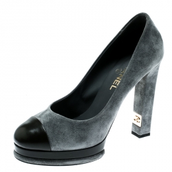 مملوكة مسبقًا حذاء كعب عالي شانيل نعل سميك غطاء مقدمة جلد وسويدي أسود/ رمادي مقاس 39.5