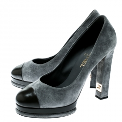 مملوكة مسبقًا حذاء كعب عالي شانيل نعل سميك غطاء مقدمة جلد وسويدي أسود/ رمادي مقاس 39.5