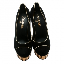 Pre Owned  Chanel Black Suede and Gold Platform Pumps Size 40