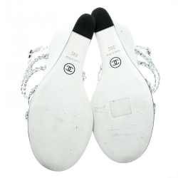 Pre Owned Chanel Metallic Silver Braided Leather CC Strappy Wedge Sandals Size 38
