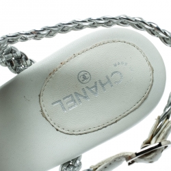 Pre Owned Chanel Metallic Silver Braided Leather CC Strappy Wedge Sandals Size 38