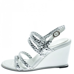 Pre Owned Chanel Metallic Silver Braided Leather CC Strappy Wedge Sandals Size 38