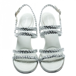 Pre Owned Chanel Metallic Silver Braided Leather CC Strappy Wedge Sandals Size 38