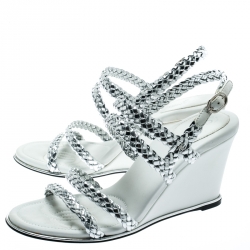 Pre Owned Chanel Metallic Silver Braided Leather CC Strappy Wedge Sandals Size 38