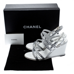 Pre Owned Chanel Metallic Silver Braided Leather CC Strappy Wedge Sandals Size 38