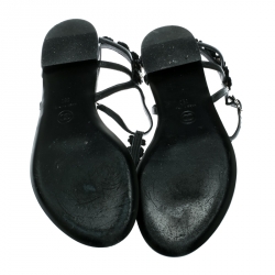 Pre Owned Chanel Black Leather Camellia T-Strap Flat Thong Sandals Size 38