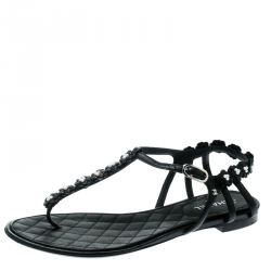 Pre Owned Chanel Black Leather Camellia T-Strap Flat Thong Sandals Size 38
