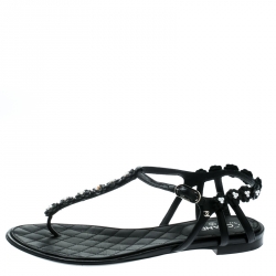 Pre Owned Chanel Black Leather Camellia T-Strap Flat Thong Sandals Size 38