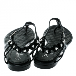 Pre Owned Chanel Black Leather Camellia T-Strap Flat Thong Sandals Size 38