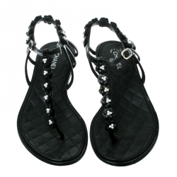 Pre Owned Chanel Black Leather Camellia T-Strap Flat Thong Sandals Size 38