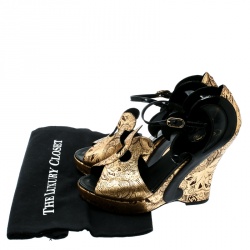 Chanel Metallic Gold Leather Baroque Platform Wedge Sandals Size 40