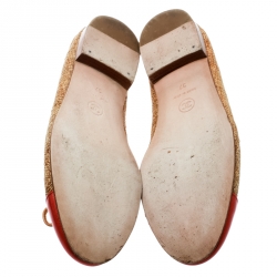 Pre Owned Chanel Beige Raffia With Red Patent Leather CC Cap Toe Ballet Flats Size 37