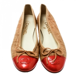 Pre Owned Chanel Beige Raffia With Red Patent Leather CC Cap Toe Ballet Flats Size 37