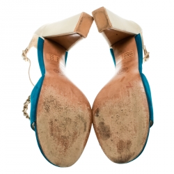 Chanel Beige Leather With Blue Suede T Strap Block Heel Sandals Size 38