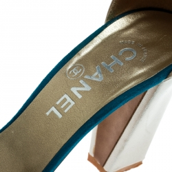 Chanel Beige Leather With Blue Suede T Strap Block Heel Sandals Size 38