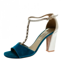 Chanel Beige Leather With Blue Suede T Strap Block Heel Sandals Size 38