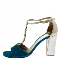 Chanel Beige Leather With Blue Suede T Strap Block Heel Sandals Size 38