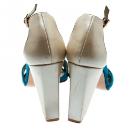 Chanel Beige Leather With Blue Suede T Strap Block Heel Sandals Size 38