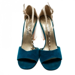 Chanel Beige Leather With Blue Suede T Strap Block Heel Sandals Size 38
