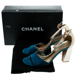 Chanel Beige Leather With Blue Suede T Strap Block Heel Sandals Size 38