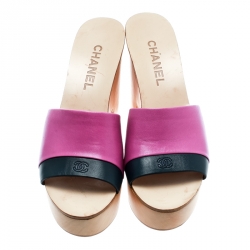 Chanel Pink/Blue Leather CC Platform Slides Size 39