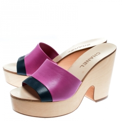 Chanel Pink/Blue Leather CC Platform Slides Size 39