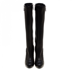 Chanel Black Quilted Leather CC Cap Toe Knee High Boots Size 39