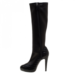 Chanel Black Quilted Leather CC Cap Toe Knee High Boots Size 39