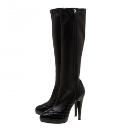 Chanel Black Quilted Leather CC Cap Toe Knee High Boots Size 39