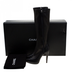 Chanel Black Quilted Leather CC Cap Toe Knee High Boots Size 39