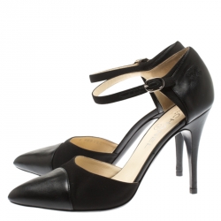 Chanel Black Fabric And Leather Cap Toe CC Ankle Strap Sandals Size 39.5