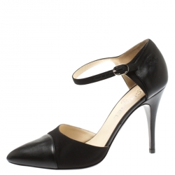 Chanel Black Fabric And Leather Cap Toe CC Ankle Strap Sandals Size 39.5