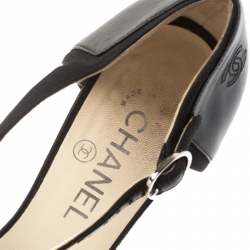 Chanel Black Fabric And Leather Cap Toe CC Ankle Strap Sandals Size 39.5