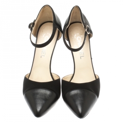 Chanel Black Fabric And Leather Cap Toe CC Ankle Strap Sandals Size 39.5