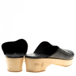Chanel Black Leather Perforated CC Wooden Clog Size 37
