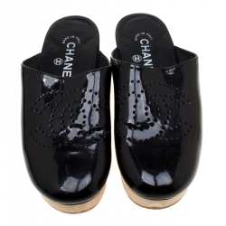 Chanel Black Leather Perforated CC Wooden Clog Size 37