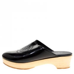 Chanel Black Leather Perforated CC Wooden Clog Size 37
